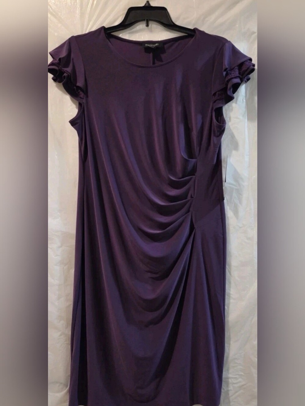 Ruched Midi Dress in Deep Purple with Ruffle Sleeves